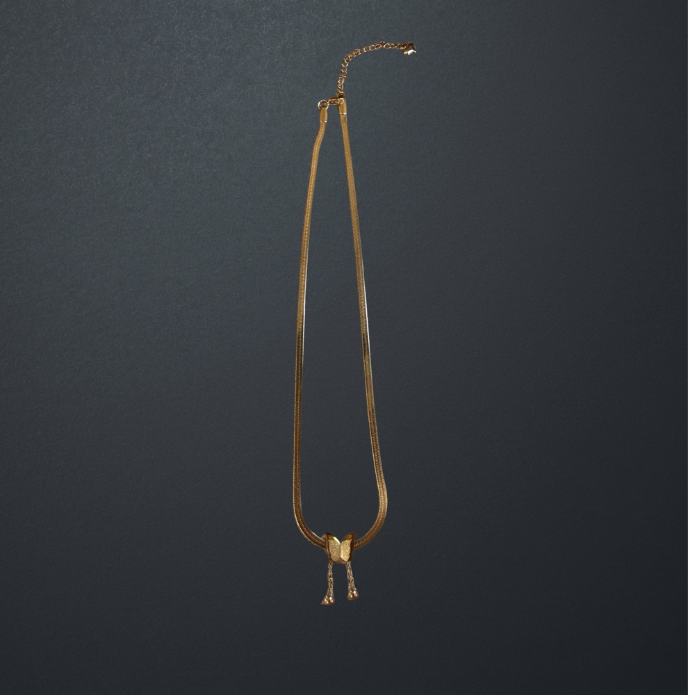 Gold Stainless Steel Butterfly Herringbone Necklace