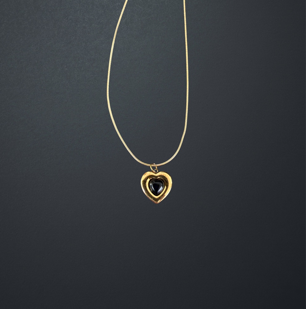 Gold Stainless Steel Heart Necklace with Black Stone image 3